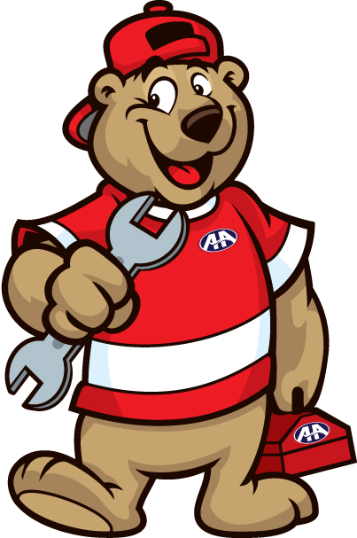 Albemarle bear with red shirt and red backwards baseball cap, holding a wrench and toolbox.